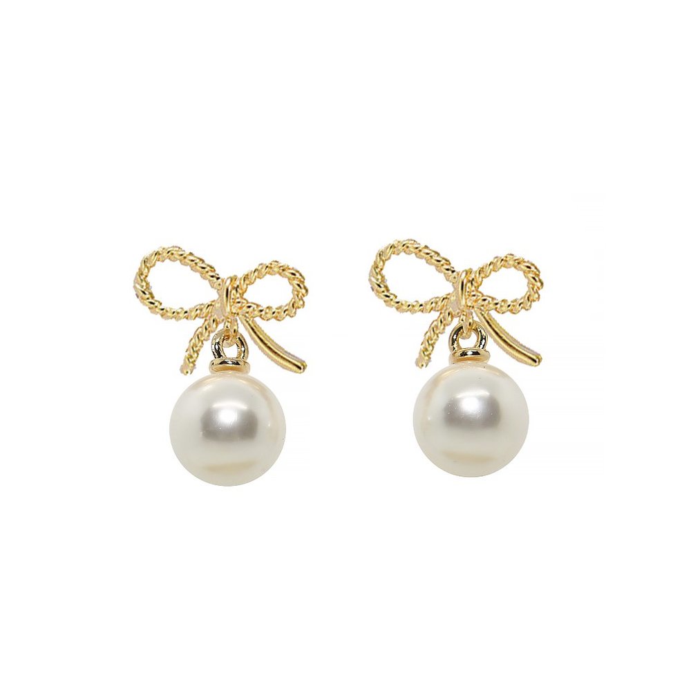 Gold Bow Pearl Earrings